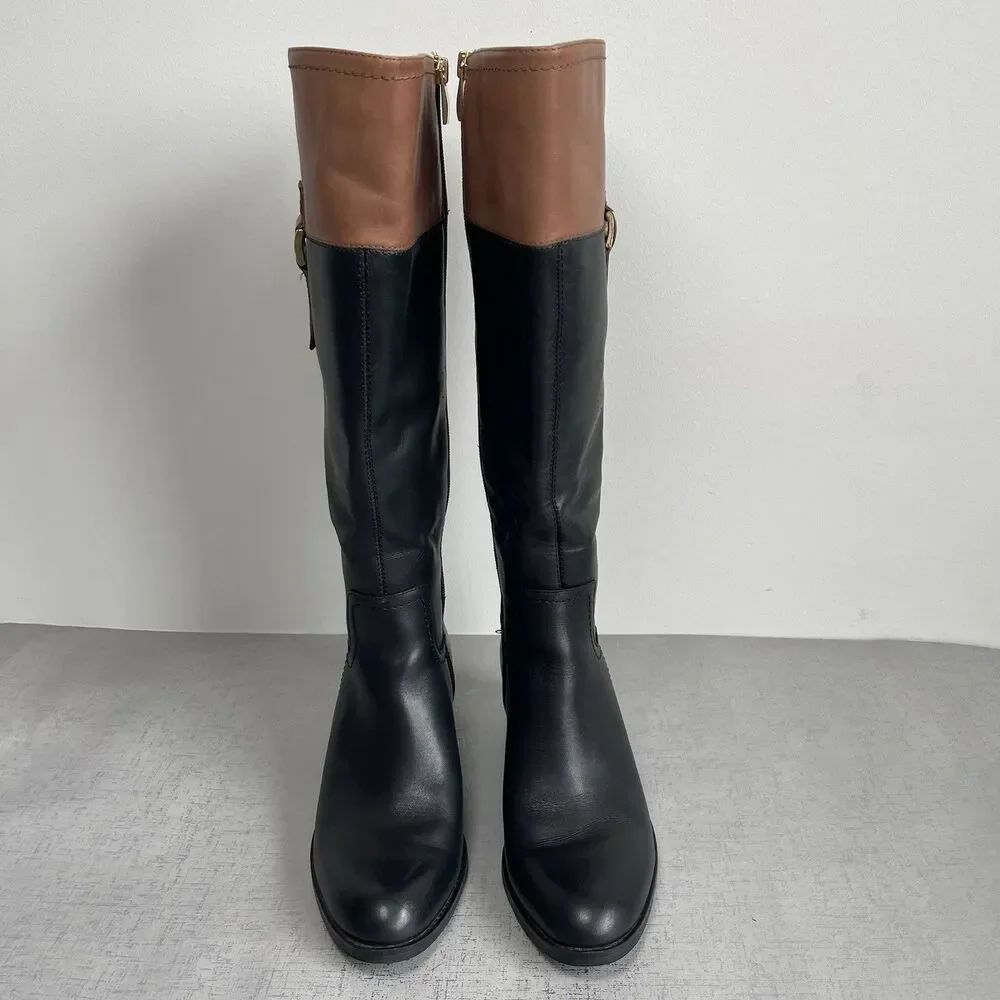 Franco Sarto Women's Black Brown Leather Tall‎ Riding Boots 7.5 Wide Calf